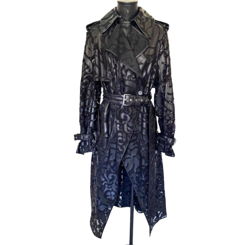 Alexander McQueen Black Leather Lace Belted Trench Coat Made in Italy 14 - Picture 2 of 16